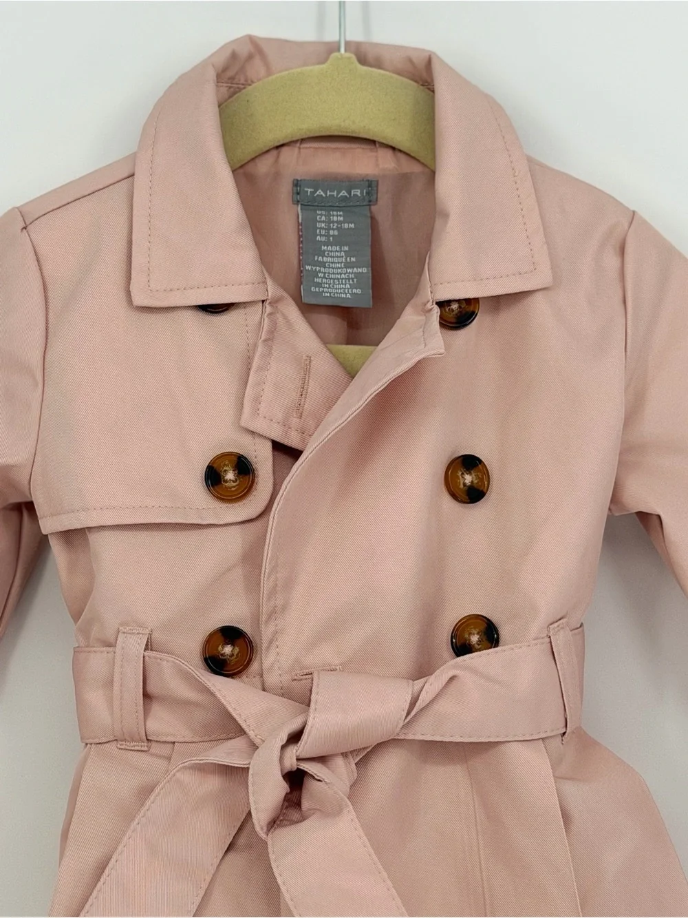 Tahari Little Girls Blush Pink Double-Breasted Trench Coat with Belt 18m